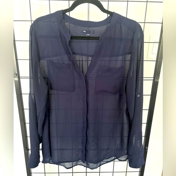 Gap Sheer Long Sleeved Button Up Navy Blouse EUC - Picture 1 of 7